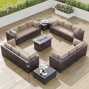Kullavik 15PCS Outdoor Patio Furniture Set with 43" 55000BTU Gas Propane Fire Pit Table PE Wicker Rattan Sectional Sofa Patio Conversation Sets w/8 Coner Sofas,Sand