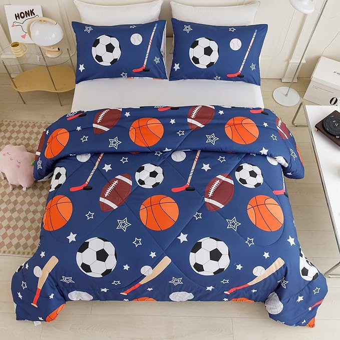 RYNGHIPY Kids Sports Theme Bedding Set, Basketball Football Baseball Tennis Print Comforter Set for Teens Boys Girls, Super Soft Lightweight (Balls,Full)