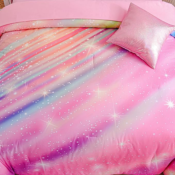 Btargot Super Soft 6 Pieces Gradient Star Ring Comforter Set, Colorful Glitter Rainbow Star Pattern Bedding Set for Boys Girls Teens,Queen Pink