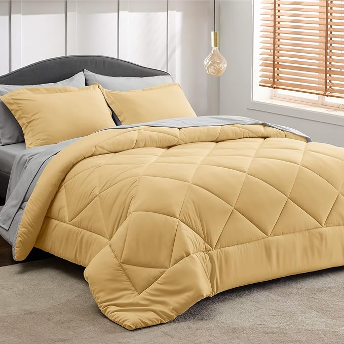 Bedsure Yellow Twin Comforter Set - 5 Pieces Reversible Twin Bed in a Bag, Extra Long Twin Bed Set with Comforters, Sheets, Pillowcase & Sham, Twin Bedding Sets for College