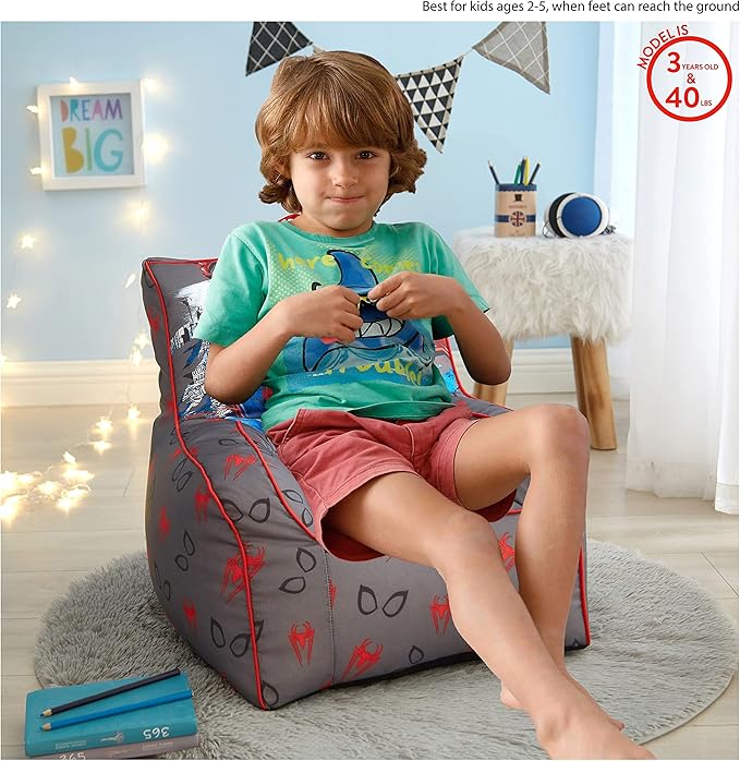Idea Nuova Marvel Spiderman Toddler Nylon Bean Bag Chair with Piping & Top Carry Handle, Large
