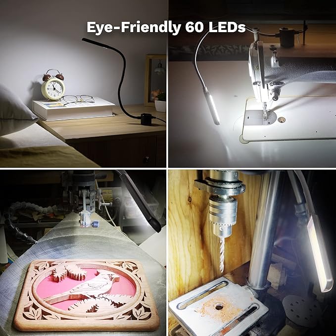Sewing Machine Light, Magnetic, Flexible 60 LED Work Lights, Bandsaw Accessories, Scroll Saw with Extra Long Gooseneck (2 Pack) - 4 Mount anywhere discs included