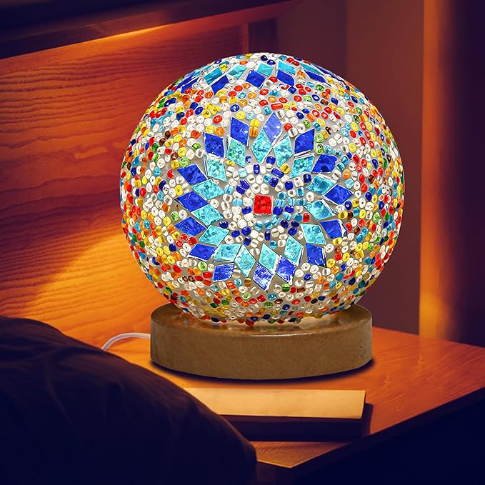 Turkish Table lamp,Bedside Lamps with Wooden Base,Bohemian Tiffany Style Bedroom Lamps,Mosaic Glass Retro Home Decor,Moroccan Lantern for Living Room,Office,Halloween Decorations(Blue)