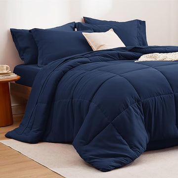 Bedsure Navy Full Comforter Set - 7 Pieces Solid Full Bed in a Bag, Full Bed Set Navy with Quilted Warm Fluffy Comforters, Sheets, Pillowcases & Shams