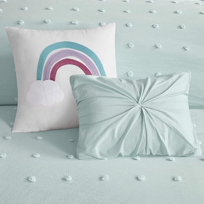 Callie Cotton Jacquard Weave Colorful Pom Pom Kids Comforter sets, Down Alternative Shabby Chic All Season Girls Bedding, Bedroom Decor, Full/Queen,Aqua 5 Piece