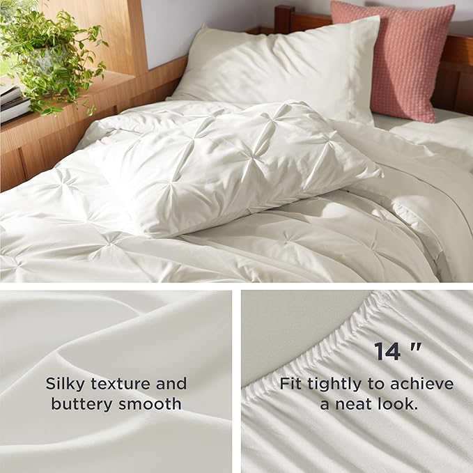Bedsure Twin XL Comforter Set - Extra Long 5 Pieces Dorm Bedding Sets, Pinch Pleat Ivory Bed in a Bag with Comforter, Sheets, Pillowcase & Sham