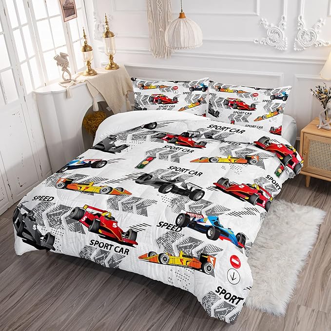 Axolotl Racing Car Comforter Set Full Size,Extreme Sports Boys Bedding Set for Boys Teens Girls Car Racing Gifts,Race Cars Quilt Bed Set with 1 Comforter 2 Pillowcases,Multi Color