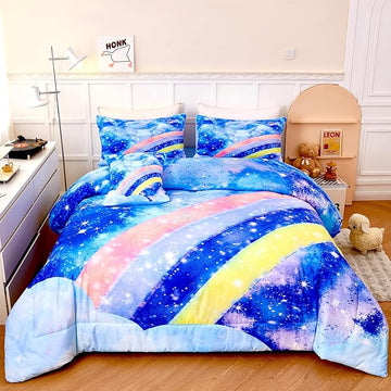 6Pcs Rainbow Bluey Girls Comforter Set Twin Gradient Glitter Bedding Sets Tie Dye Blue Girl Bed Set Soft Galaxy Kids Bed in A Bag with Sheets for All Season