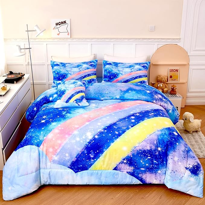 6Pcs Rainbow Bluey Girls Comforter Set Twin Gradient Glitter Bedding Sets Tie Dye Blue Girl Bed Set Soft Galaxy Kids Bed in A Bag with Sheets for All Season