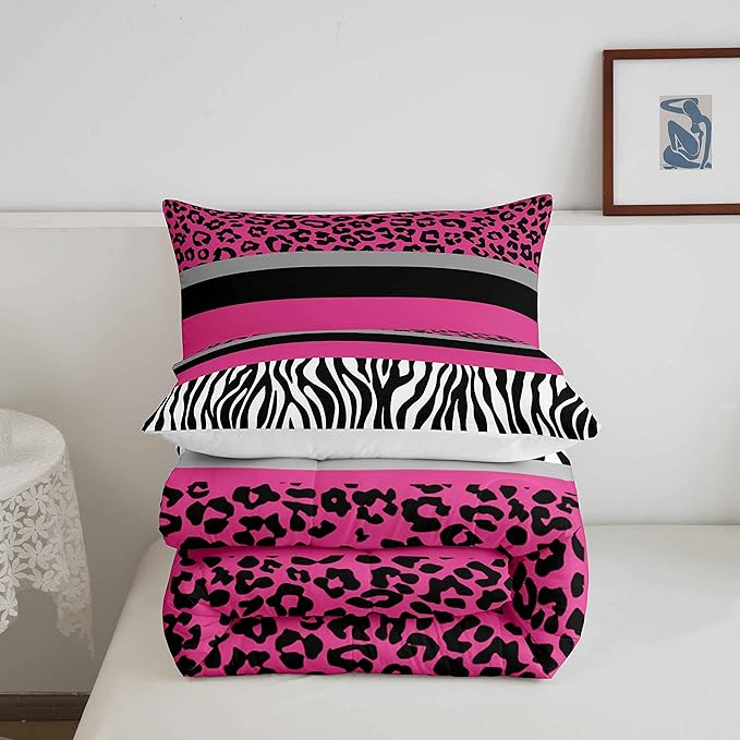 Zebra Stripes Comforter Leopard Print Comforter Set For Kids Boys Girls Pink Black White Zebra Leopard Fur Bedding Set Ultra Soft Decor Wild Animal Skin Texture Pattern Duvet Set Queen Size Quilt Set