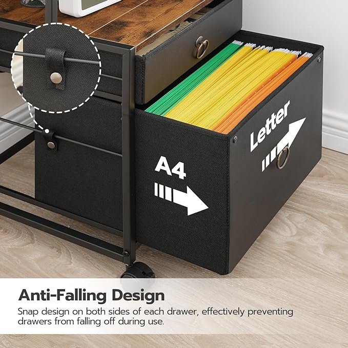 HOOBRO 2-Drawer File Cabinet, Filing Cabinet with Charging Station, Vertical Office Cabinet with Open Storage Shelf, Printer Stand, A4/Letter Size, Nonwovens Drawer, Rustic Brown and Black BFK23UWJ01