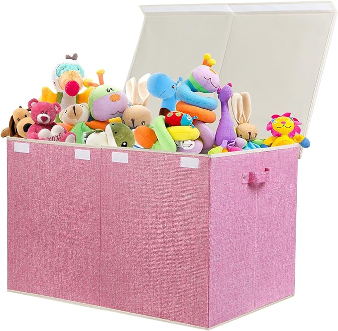 popoly 122L Large Toy Box Chest with Lid, Foldable Toy Storage Organizer Bin Boxes with Removable Divider for Kids, Boys, Girls, Nursery, Playroom, 26"x17" x17"(Linen Pink)