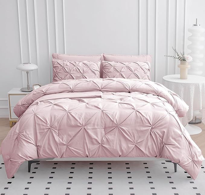 Lane Linen King Size Comforter Set, 7 Piece King Bedding Set, Pintuck King Bed in a Bag Set, King Size Pink Bed Set, Pinch Pleated King Size Comforter Set with Sheets, Pillowcases & Shams - Sepia Rose