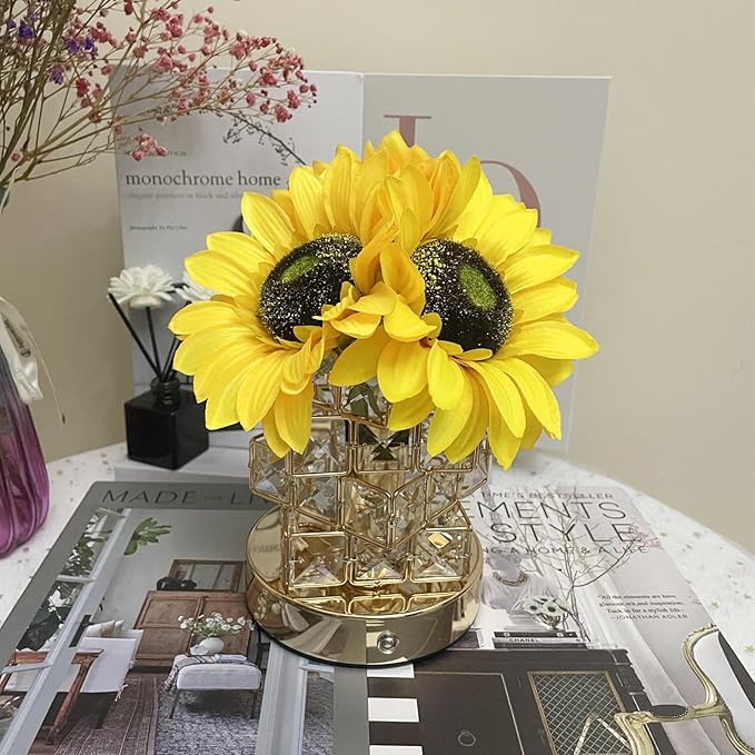 Sunflowers Lamp Touch Lam Artificial LED Sunflower Flowers with Glass Vase Table Lamp Night Light for Home Office Decor House Decorations Gift Idea - Rechargeable (Crystal Magic Cube Sunflower)