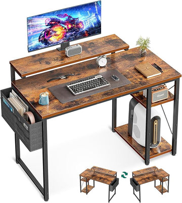 AODK 40 Inch Computer Desk with Adjustable Monitor Stand, Work Writing Desk with Shelves, PC Desk Workstation, Vintage Home Office Desk