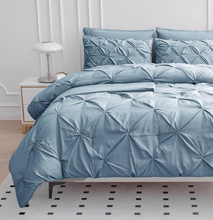LANE LINEN King Size Comforter Set with Sheets, Complete 7 Piece King Comforter Set, Pintuck King Bedding Set, Soft King Size Bed in a Bag Set, Premium King Bed Set, Pillowcases & Shams - French Blue