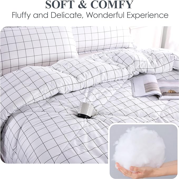 Andency White Grid Comforter Set Full Size (79x90 Inch), 3 Pieces(1 Grid Comforter and 2 Pillowcases), Summer Lightweight Microfiber Down Alternative White Comforter with Black Lines