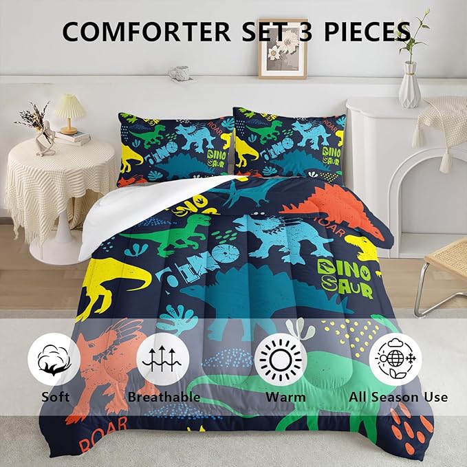 Axolotl Boys Bedding Cartoon Dinosaur Comforter Set Full Size,Cute Dinosaur Bedding Set for Boys Girls Teens Kids Adults Room Decor,Kids Comforter Set All Season,1 Quilt 2 Pillow Cases,Purple