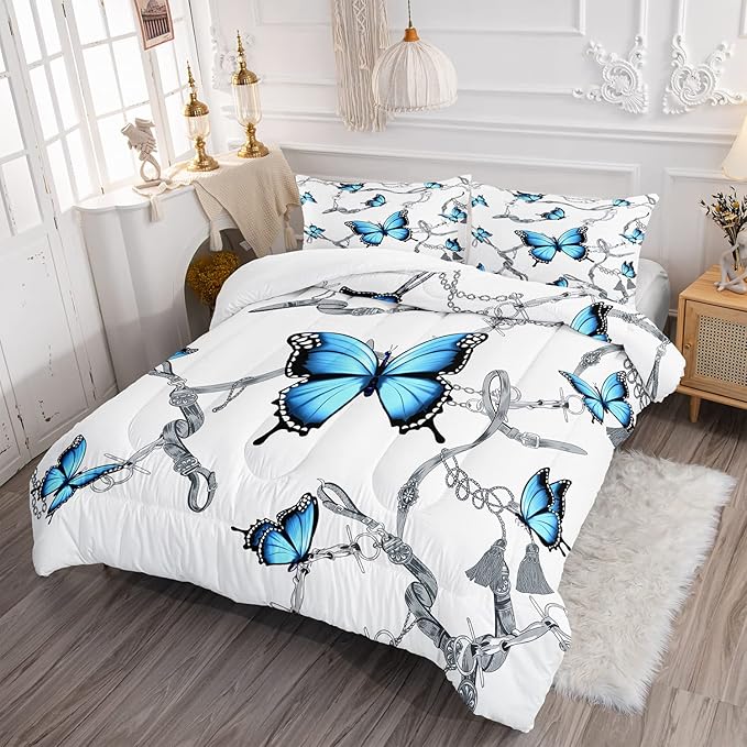 CVHOUSE Butterfly Bedding Set,Butterfly Comforter Full,Butterfly Comforter Set for Girls Kids Teens,Butterflies Quilt Set with 1 Comforter and 2 Pillow Cases- 3 Piece