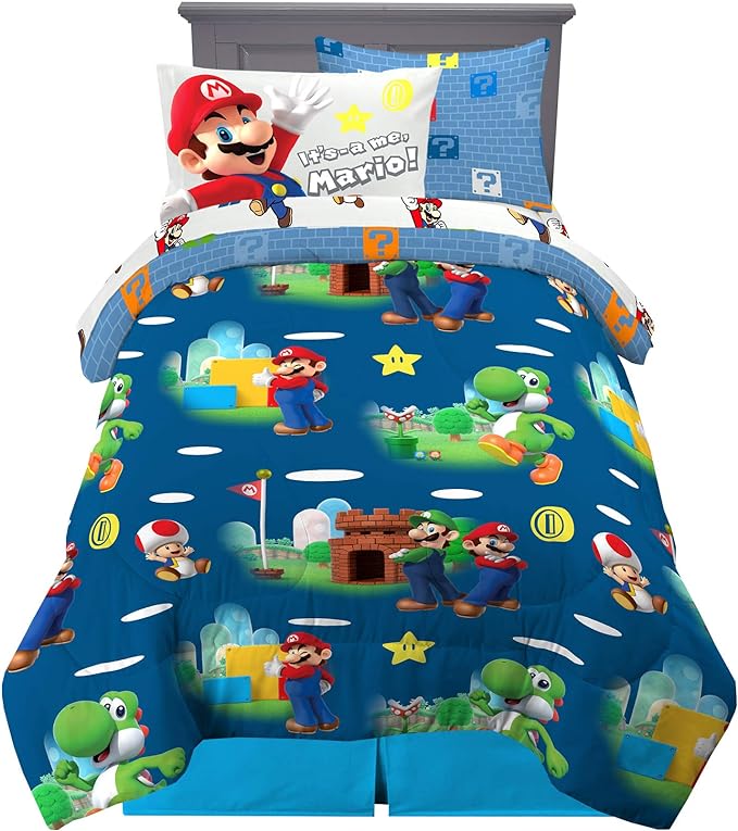 Franco Kids Bedding Super Soft Comforter and Sheet Set with Sham, 5 Piece Twin Size, Mario