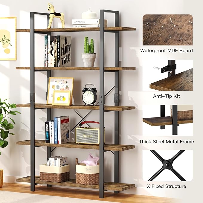 FRAPOW 5 Tier Bookshelf, 70 inch Tall Solid Bookcase Industrial Wooden Bookshelves Large Wall Etagere Rustic Vintage Book Shelf with Metal Frame Open Storage Rack for Living Room Home Office