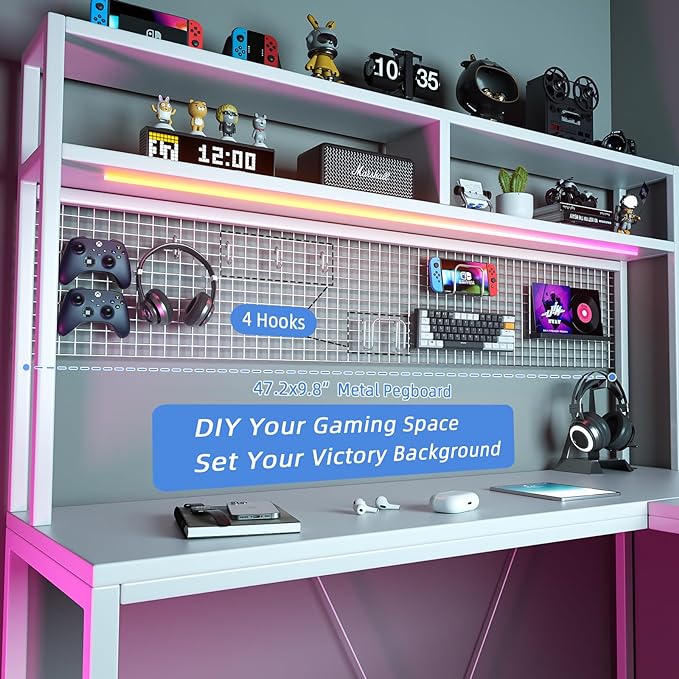 L Shaped Desk with Hutch - 67" L Shaped Gaming Desk with LED Lights, Corner Computer Desk with Storage Shelves, L Shaped Office Desk with Pegboard, White