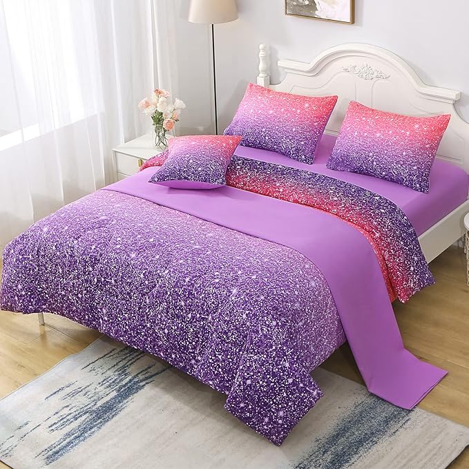 JQinHome Full Size Pink Purple Comforter Set, 6 Piece Bed in A Bag 3D Colorful Bedding Set for Girls Women