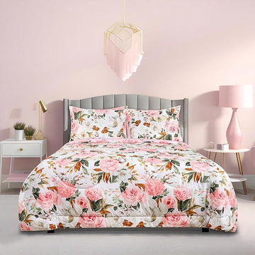 DILIMI Full Size Comforter Set for Girls, Reversible Comforter Full Size, 5 Pieces Ultra Soft Pink Floral Full Size Bed Comforter Sets with Sheet, Comforter, Flat Sheet, 2 Pillowcase