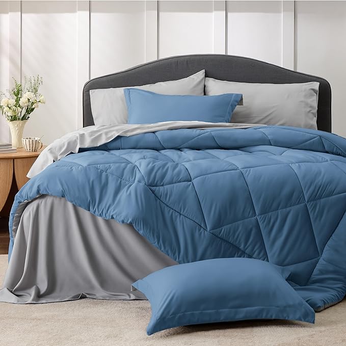 Bedsure Blue Bed Set King - 7 Pieces Reversible Blue Comforter Set King, Blue Bedding Set King with Comforters, Sheets, Pillowcases & Shams, King Size Blue Bed in a Bag