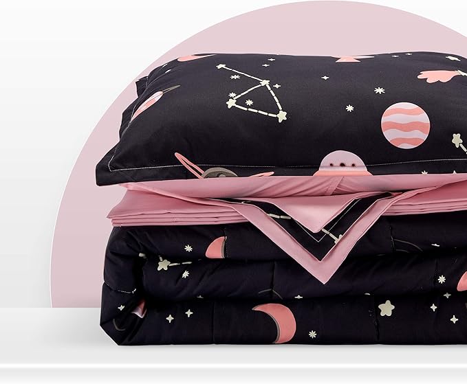 SLEEP ZONE Kids Twin Bedding Comforter Set - Super Cute & Soft Kids Bedding 5 Pieces Set with Comforter, Sheet, Pillowcase & Sham (Pink Galaxy)