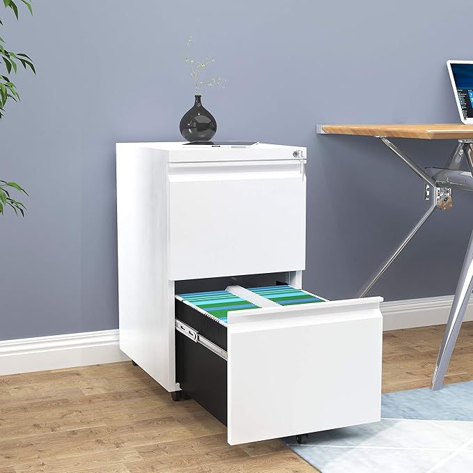 YITAHOME 2-Drawer Vertical File Cabinet with Lock, 20” Deep Mobile Metal Filing Cabinet for Legal/Letter Size, 20” Height Pre-Built Office Storage File Cabinet Except Wheels Under Desk - White