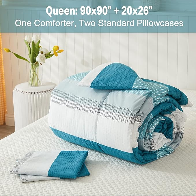 Litanika Queen Comforter Set White Teal - 3 Pieces Lightweight Fluffy Bedding Comforter Sets, All Season Down Alternative Comforter (1 Comforter, 2 Pillowcases)