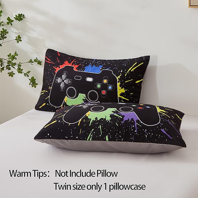 Gamer Comforter Sets Twin Size for Boys Teen,Game Controller Printed Colorful Comforter with Pillowcase, 2 Piece Video Gaming Bedding Set for Game Lovers,All Season(Black,Twin)