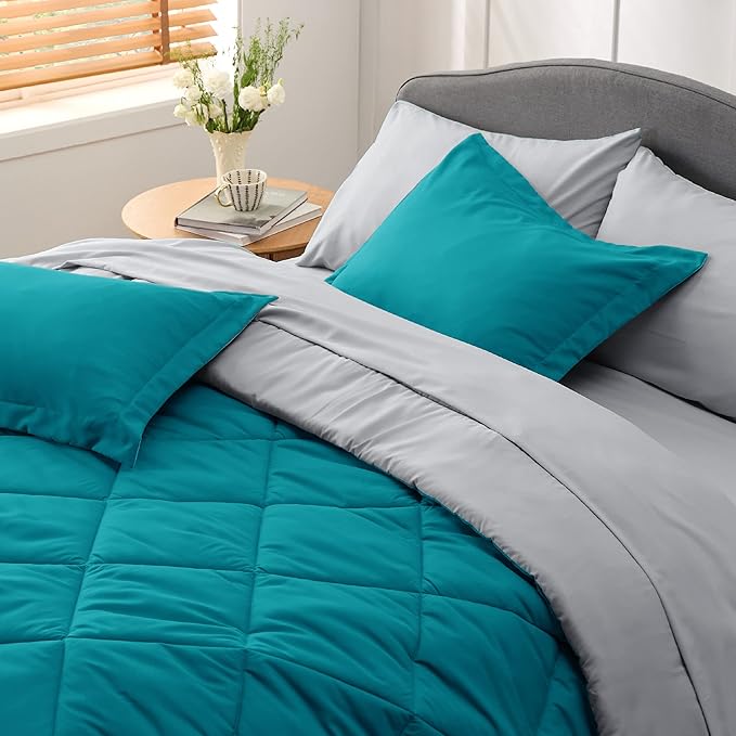 Bedsure Teal King Size Comforter Set - 7 Pieces Reversible King Bed in a Bag King Bed Set with Comforters, Sheets, Pillowcases & Shams, King Bedding Sets