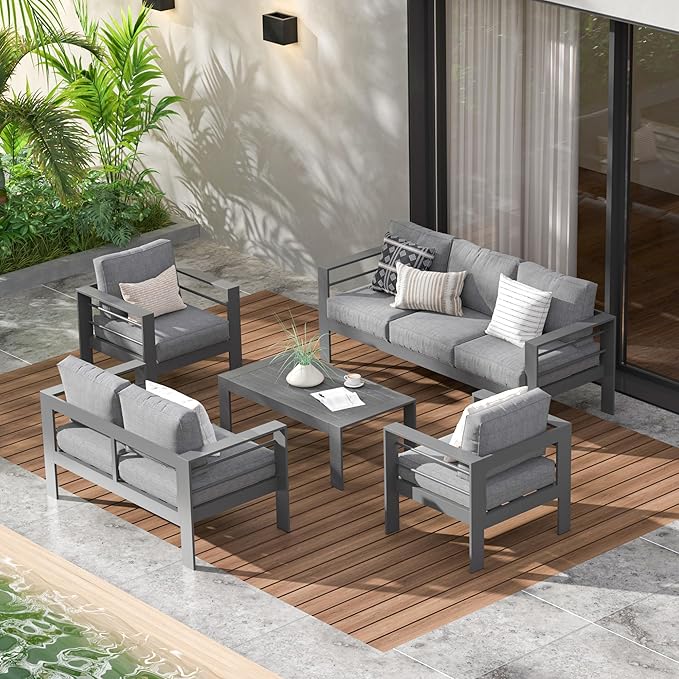 Wisteria Lane Aluminum Outdoor Patio Furniture Set, Modern Patio Conversation Sets, Outdoor Sectional Metal Sofa with 5 Inch Cushion and Coffee Table for Balcony, Garden, Dark Grey