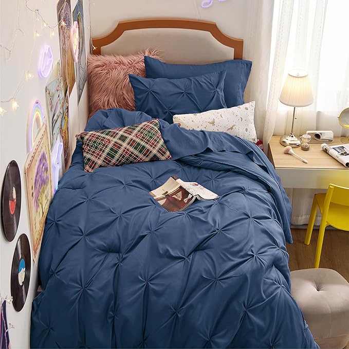 Bedsure Twin Comforter Set with Sheets - 5 Pieces Twin Bedding Sets, Pinch Pleat Navy Blue Twin Bed in a Bag with Comforter, Sheets, Pillowcase & Sham