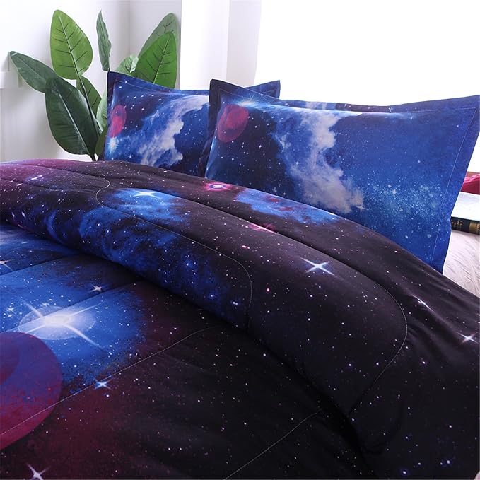A Nice Night Galaxy Bedding Sets Outer Space Comforter 3D Printed Space Quilt Set Full Size,for Children Boy Girl Teen Kids - Includes 1 Comforter, 2 Pillow Cases