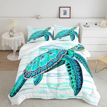 CVHOUSE Sea Turtle Bedding Set,Sea Turtle Comforter Full,Ocean Bohemia Comforter Set for Boys Kids Girls,Ocean Quilt Set with 1 Comforter and 2 Pillow Cases