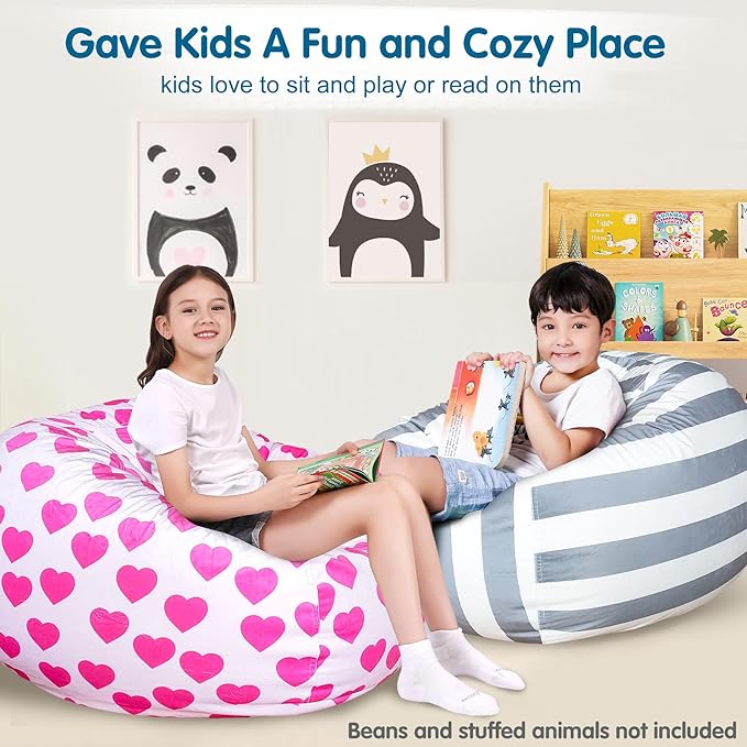 Lukeight Stuffed Animal Storage Bean Bag Chair Cover for Kids, Zipper Beanbag Chair Cover for Organizing Toddler & Kids' Rooms Plush Toys (Heart Velvet, Large)