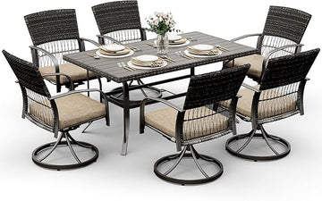 Pamapic 7 Piece Patio Dining Set for 6,Outdoor Wicker Furniture Set for Backyard Garden Deck Poolside with 6 Cushions Swivel Rocker Chairs,Iron Slats Table Top, Removable Cushions(Beige)