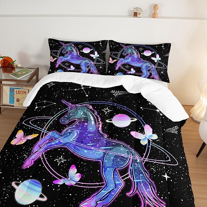 HOSIMA Unicorn Bedding Sets for Girls Kids,Butterfly Star Empty Galaxy Comforter,Unicorn Bedroom Decor for Girls Boys,Soft Black Comforter Full Size Bed in a Bag Set,Butterfly Crib Bedding Set.