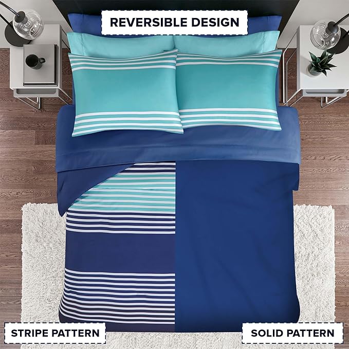 Comfort Spaces Twin XL Comforter Sets with Sheets - Bed in a Bag 6 Pieces Teen Bedding Sets Twin XL, Navy and Grey Stripes Bedding, College Twin Bed Set, 2 Side Pocket Bedroom Organizer Twin XL Navy