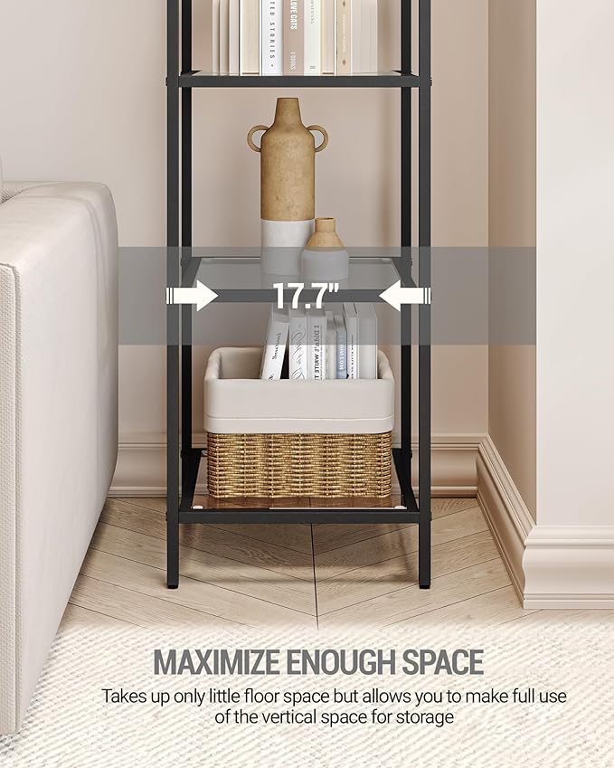 Bookcase Bookshelf, Tempered Glass Arched Bookshelf for More Storage, Slim Shelving Unit for Bedroom, Bathroom, Home Office, Steel Frame, 4 Tier Black BC20499B