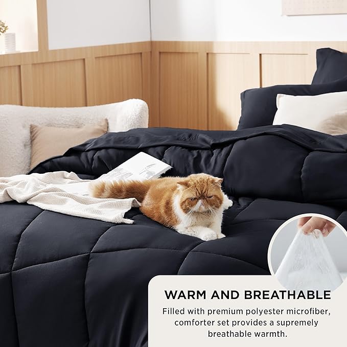 Bedsure Black Twin Comforter Set - 5 Pieces Solid Twin Bed in a Bag, Twin Bed Set Black with Quilted Warm Fluffy Comforters, Sheets, Pillowcase & Sham
