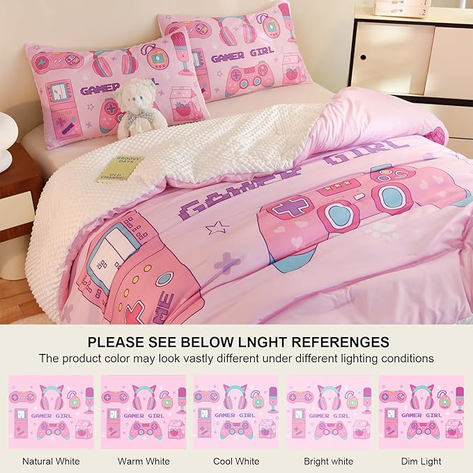 Video Game Queen Size Comforter Set for Girls Kids Teens 3D Gaming Controller Pattern Gamepad Print Bedding Set- 3 Piece Pink Quilt with 2 Pillowcases (90"x90")