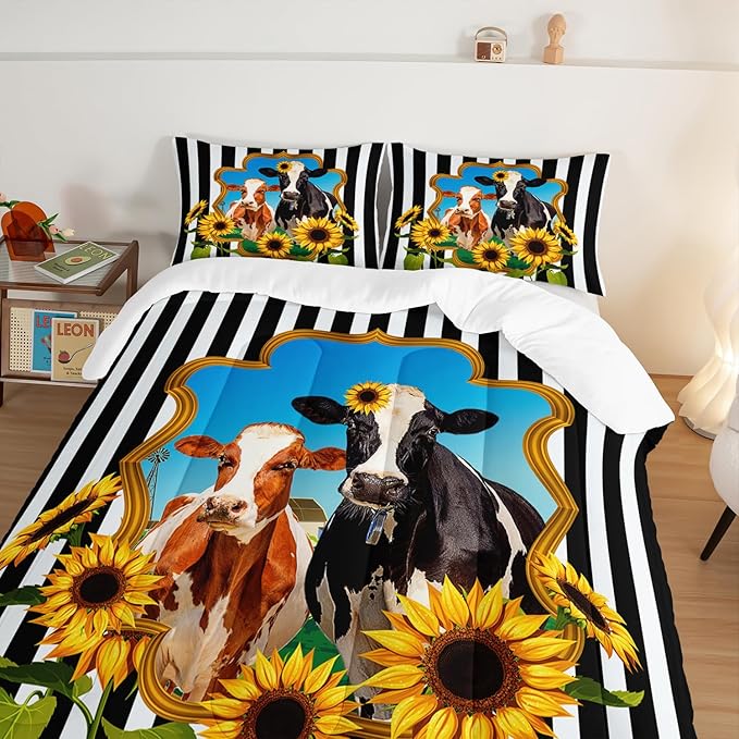 HOSIMA Animal Theme Bedding Set Bull and Cow Comforter with 2 Pillowcases,Black and White Stripes Full Size Comforter Set for Adults Teens Kids,Sunflower Print Western Bedding Sets.