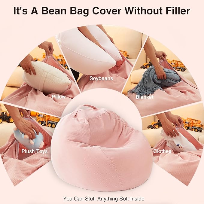 Stuffed Animal Storage Kids Bean Bag Chair Cover (No Filler) Washable Ultra Soft Corduroy Pink Bean Bag Cover for Organizing Plush Toys or Textile, Sack Bean Bag for Adults, Teens (2XL)