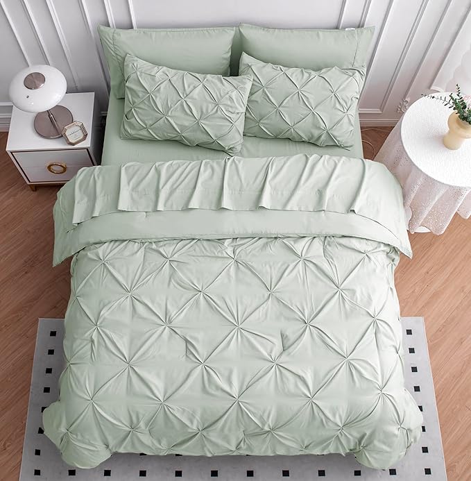 LANE LINEN Queen Size Comforter Set with Sheets, 7 Piece Comforter Set Queen Size, Pintuck Queen Comforter Set, Soft Queen Bed Set, Queen Size Bedding Comforter Sets, Queen Bed in Bag Set - Mineral