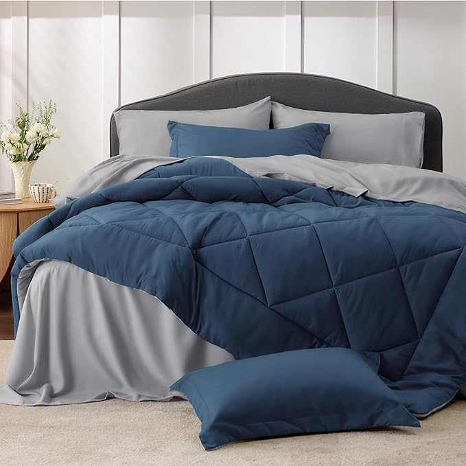 Bedsure Navy Comforter Set King - 7 Pieces Reversible King Navy Bed in a Bag, Bed Sets King with Comforters, Sheets, Pillowcases & Shams, Navy King Bedding Set