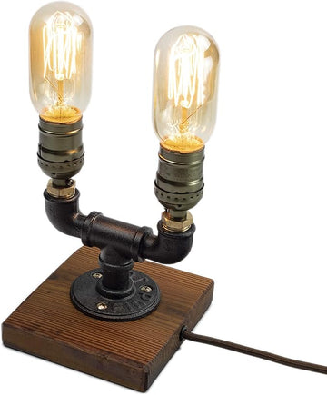 Steampunk Lamp with Dimmer, Dimmable Loft Style Industrial Vintage Antique Style Light with 2 Bulbs, Wood Base with Iron Piping Desk Lamp, Retro Desk Lamp LL-027